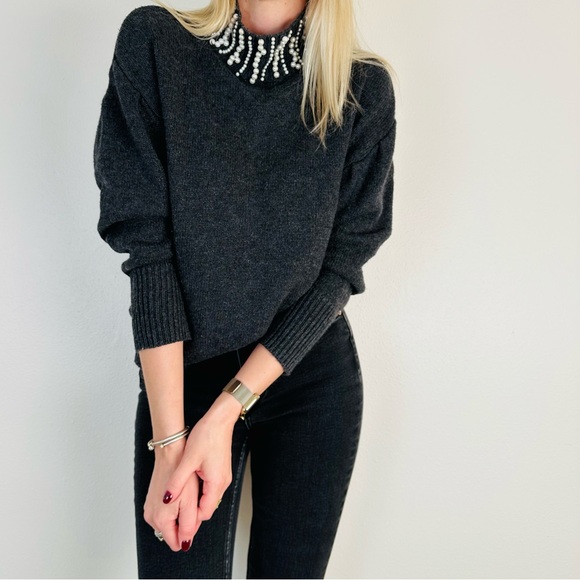 Sandro Faux Pearl Embellished Mock neck cozy lane wool sweater gray - Picture 4 of 8